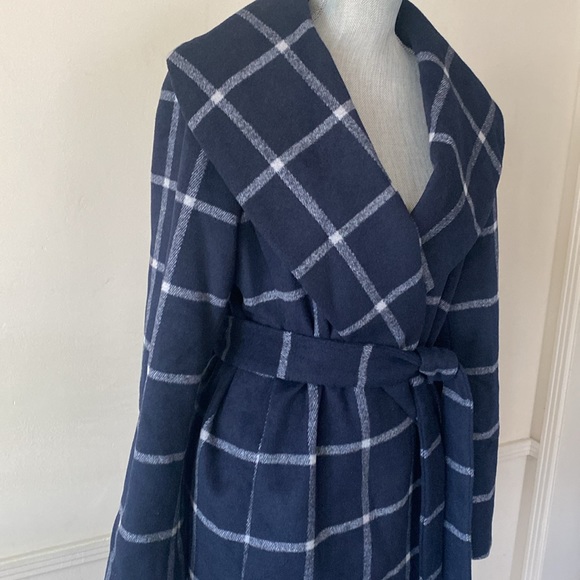 ANN TAYLOR 💙NAVY BLUE & WHITE🤍 WINDOWPANE PATTERN WOOL WRAP COAT SIZE L🌟NWT🌟 - Picture 10 of 17